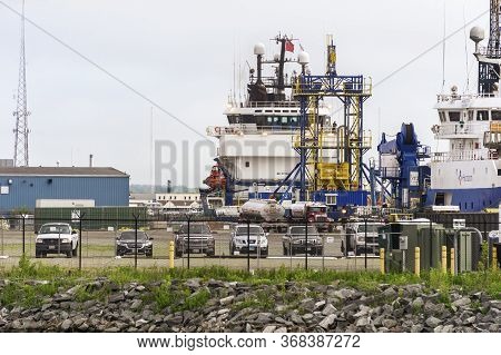 New Bedford, Massachusetts, Usa - May 27, 2020: Busy Marine Commerce Terminal As Four Survey Vessels