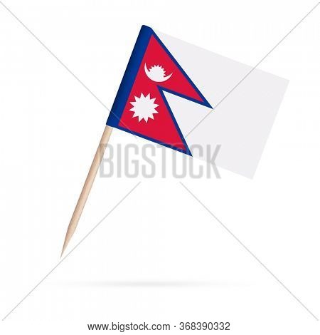 Miniature paper flag Nepal. Isolated Nepalese toothpick flag stick on white background. With shadow below.