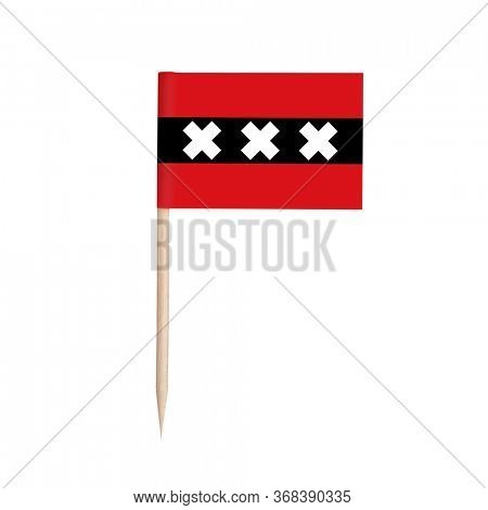 Miniature paper flag Amsterdam. Isolated Amsterdam toothpick flag stick on white background. Amsterdam is the capital of the Netherlands