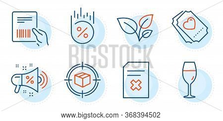 Parcel Invoice, Love Ticket And Wineglass Signs. Delete File, Leaves And Parcel Tracking Line Icons 