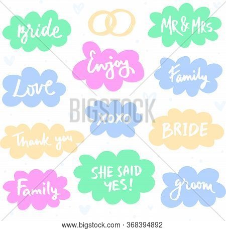 Lettering In Clouds Set. Wedding Greeting