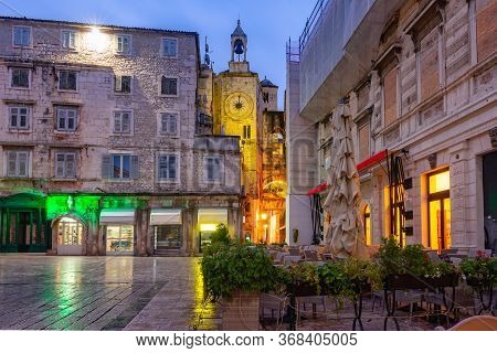 Empty Night People Square Or Pjaca And Zeljezna Vrata Of Medieval Old Town Of Split, Croatia