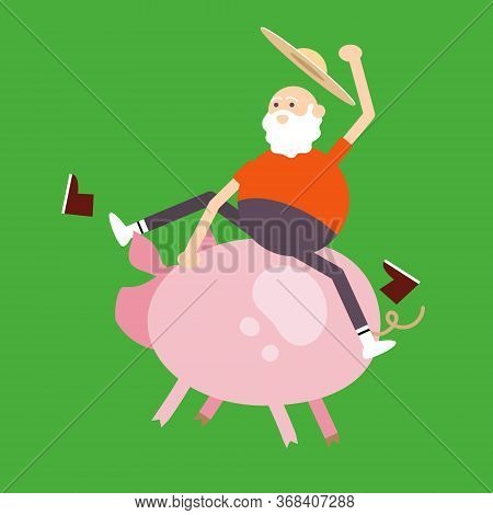 Old Farmer Sits Astride A Pig. Color Vector Flat Cartoon Illustration. Isolated On Green