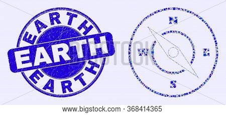 Geometric Compass Mosaic Pictogram And Earth Seal Stamp. Blue Vector Round Scratched Seal Stamp With