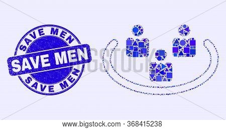 Geometric Social Ring Mosaic Icon And Save Men Watermark. Blue Vector Rounded Scratched Watermark Wi