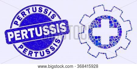 Geometric Medical Settings Mosaic Icon And Pertussis Seal Stamp. Blue Vector Rounded Distress Seal S