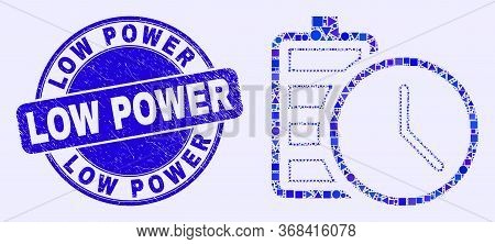 Geometric Battery Charge Time Mosaic Icon And Low Power Seal. Blue Vector Round Distress Seal Stamp 