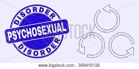 Geometric Different Rotation Mosaic Icon And Disorder Psychosexual Stamp. Blue Vector Round Scratche