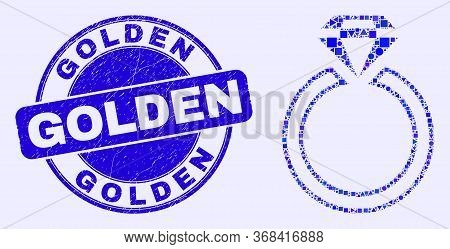 Geometric Jewelry Ring Mosaic Icon And Golden Watermark. Blue Vector Rounded Grunge Watermark With G