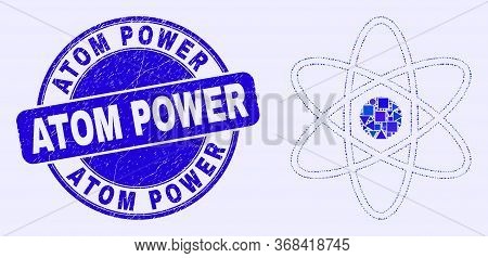 Geometric Atom Mosaic Icon And Atom Power Seal Stamp. Blue Vector Rounded Scratched Seal Stamp With 