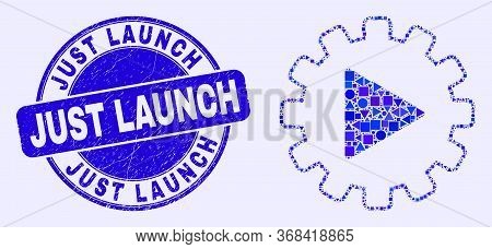 Geometric Start Gear Automation Mosaic Icon And Just Launch Seal Stamp. Blue Vector Round Distress S