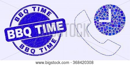 Geometric Phone Call Time Mosaic Icon And Bbq Time Stamp. Blue Vector Rounded Distress Stamp With Bb