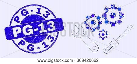 Geometric Instrumental Tools Mosaic Pictogram And Pg-13 Stamp. Blue Vector Rounded Distress Stamp Wi