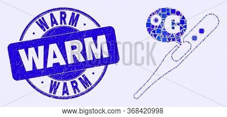 Geometric Celsius Thermometer Mosaic Icon And Warm Seal. Blue Vector Round Scratched Seal Stamp With