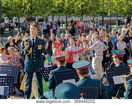 Moscov, Russia - June 2, 2018: Conductor And Musicians Of The Military Orchestra, As Well As The Aud