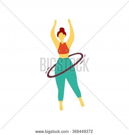 Sport Girl Twists Hoop. Athlete Is Training Before The Competition. Gymnast Doing Exercises. Flat Ha