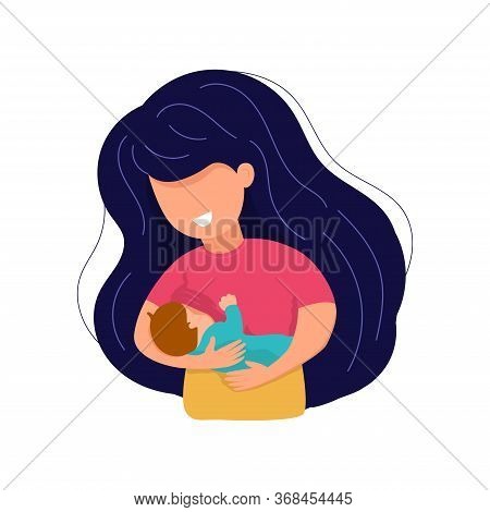 Vector Cartoon Illustration Of Beautiful Mother Breastfeeds Her Baby Child Holding Him In Hands. Bre