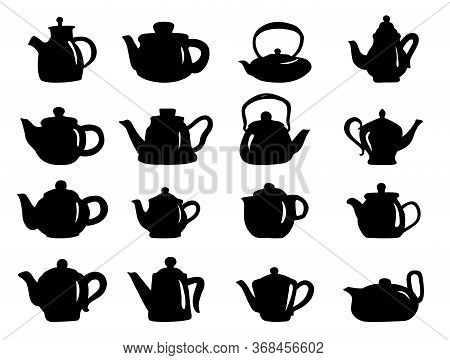 Set Of Hand Draw Isolated Teapot. Black Color. Icon Silhouette Kettles, Coffee Pot. As Abstract Desi