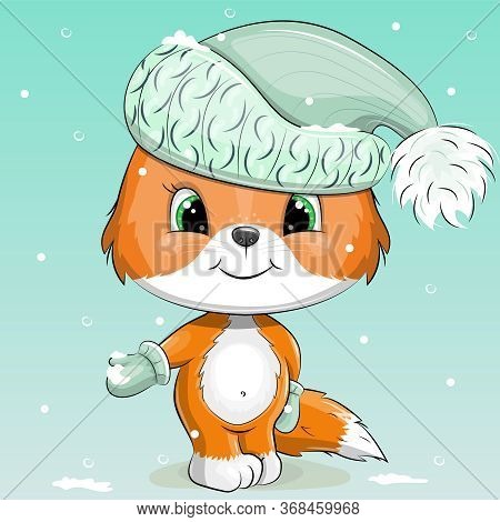 Cute Cartoon Fox In Winter Hat And Gloves. Vector Illustration Of An Animal On Thw Winter Background