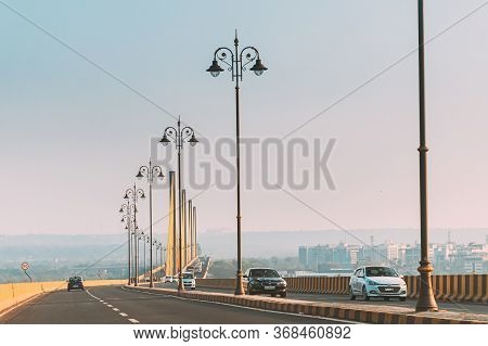 Alto Porvorim, Goa, India - February 19, 2020: Traffic Moves On The Highway Bridge Atal Setu.