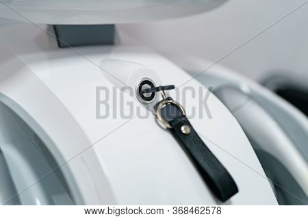 Close Up Of Key Switch On Conroller Panel Of Laser Machine.