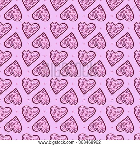 Seamless Pattern With Hand Drawn Hearts. All Elements Are Decorated With Cute Pattern Inside. Pink A