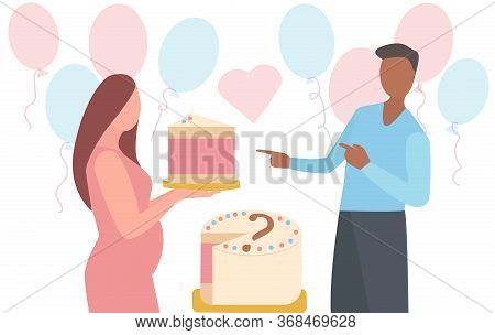 Babe Gender Reveal Anouncement Party. Pregnant Woman Hold A Piece Of Pink Cake For Baby Shower Party