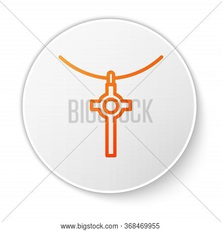 Orange Line Christian Cross On Chain Icon Isolated On White Background. Church Cross. White Circle B