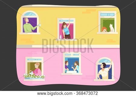 Coronavirus, Quarantine Concept. Men Women People Families Neighbors In Their Own Houses Apartments 