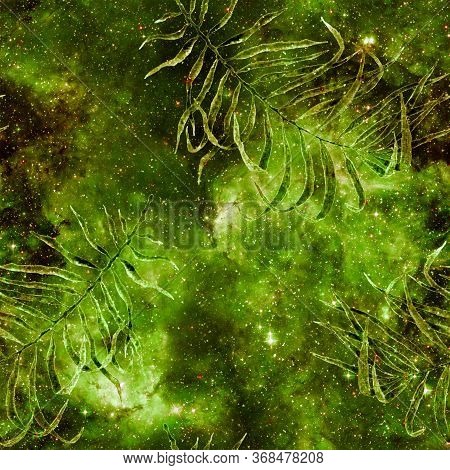Exotic Seamless Pattern. Green Cosmic Background. Fashion Hand Drawn Texture. Exotic Seamless Patter
