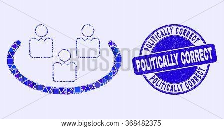Geometric Social Ring Mosaic Icon And Politically Correct Seal. Blue Vector Round Scratched Seal Wit