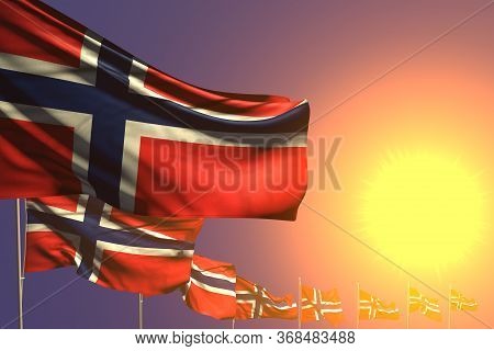 Cute Celebration Flag 3d Illustration
 - Many Norway Flags Placed Diagonal On Sunset With Place For 