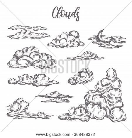 Set Of Clouds In Hand Drawn Vintage Retro Style Isolated On White Background Retro Sketch Of Sky