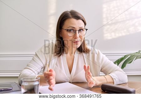 Female Mentor, Tutor, Teacher Looking At Webcam, Closeup Face. Video Conference, Online Lesson, Teac