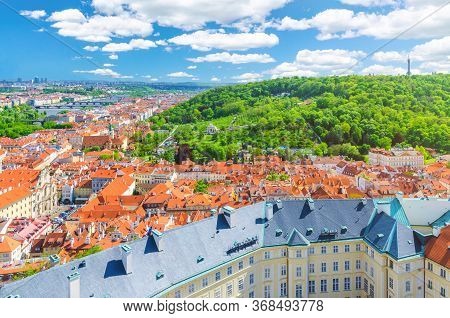 Top Aerial Panoramic View Of Prague Historical City Centre With Red Tiled Roof Buildings In Mala Str