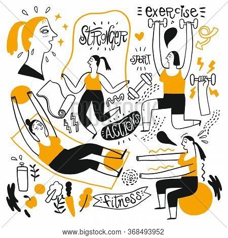 Activities Of People Who Are Playing Various Sports, Hand Drawn Vector Illustration Doodle Line Art 