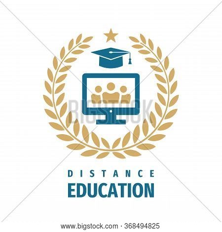 Distance Education Badge Logo Design. University High School Emblem. Laurel Wreath.