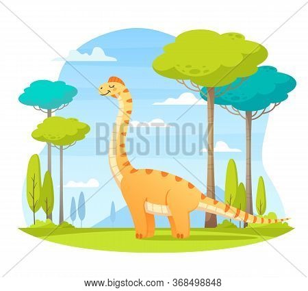 Dinosaurs Cartoon Composition With Outdoor Landscape Clear Sky And Happy Dinosaur Character Walking 