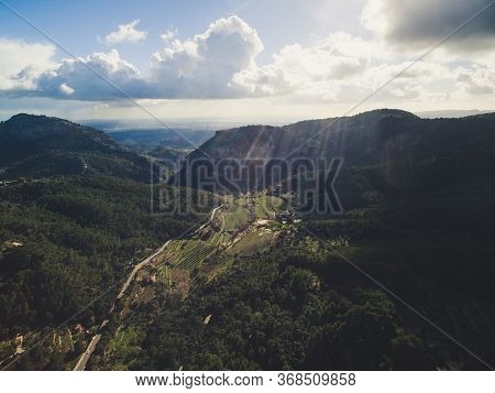 Aerial View Mallorca Valdemossa Landscape On Sunset
