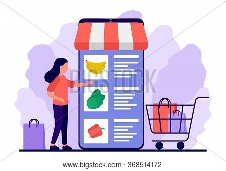 Retail Food, Shop To Online. Smartphone App For Shopping Goods. Woman Makes Purchases Via Phone Onli