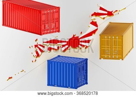 3d Map Of Japan. Freight Shipping In Containers. Export From The Country In Containers. 3d Rendering