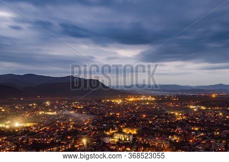 Top View On The Evening City Of Khust, Transcarpathia Ukraine.