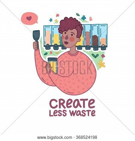 Banner With Cute Girl In Zero Waste Shop Concept. Eco-friendly Lifestyle. Cartoon Doodle Woman Illus