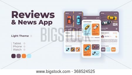 Transport News And Reviews Cartoon Smartphone Interface Vector Templates Set. Mobile App Screen Page