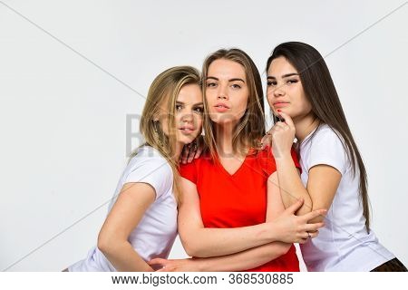 Positive Models Having Fun. Happy Hugging Girls. Beauty And Fashion. Family And Love Three Women. Se