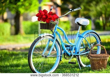 Vintage Fancy Bike Blooming Garden Background. Rent Bike To Explore City. Nature Cycling Tour. Retro