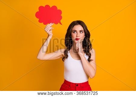 Photo Of Funny Cheerful Lady Hold Paper Mind Cloud Thinking Interested Look Up Empty Space Cunning E
