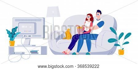 A Married Couple Is Watching A 3d Movie On A Big Screen, Sitting On A Sofa At Home. Self-isolation A
