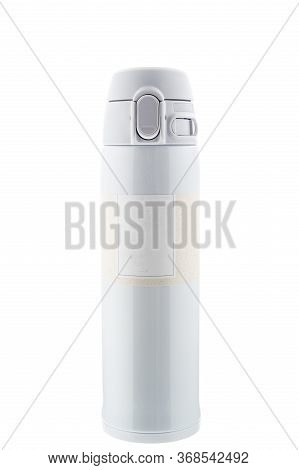 Thermos For Drinks In Beige. Bright Thermostat For Coffee And Tea.isolate.