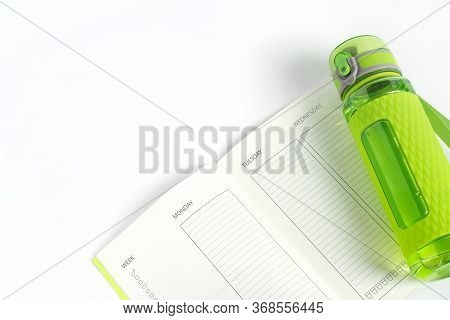 One Bright Green Fitness Sport Bottle Or Flask With Dispenser And Sport Workout And Food Diary For S